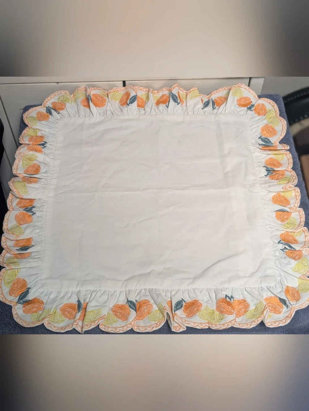 Vintage square accent pillow cover ruffled embroidered citrus lemons oranges